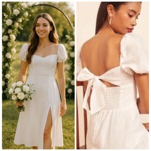 Reformation Denver White Linen Puff Sleeve Bow Back Slit Midi Dress 12 wedding